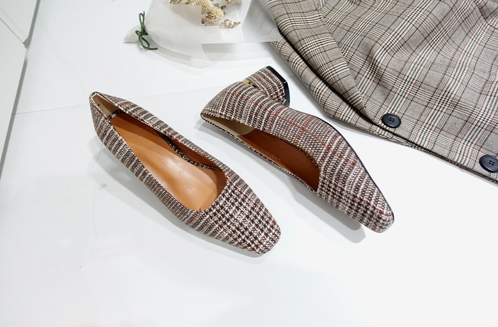 Middle Heel Velvet Check Pumps 4cm Fall Shoes Houn