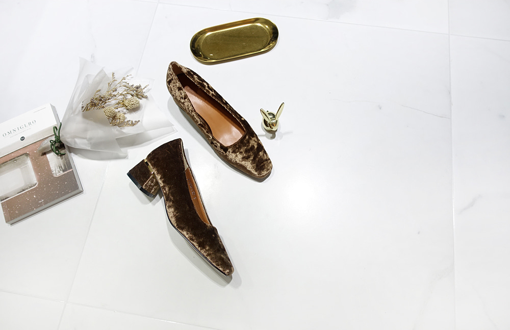 Middle Heel Velvet Check Pumps 4cm Fall Shoes Houn