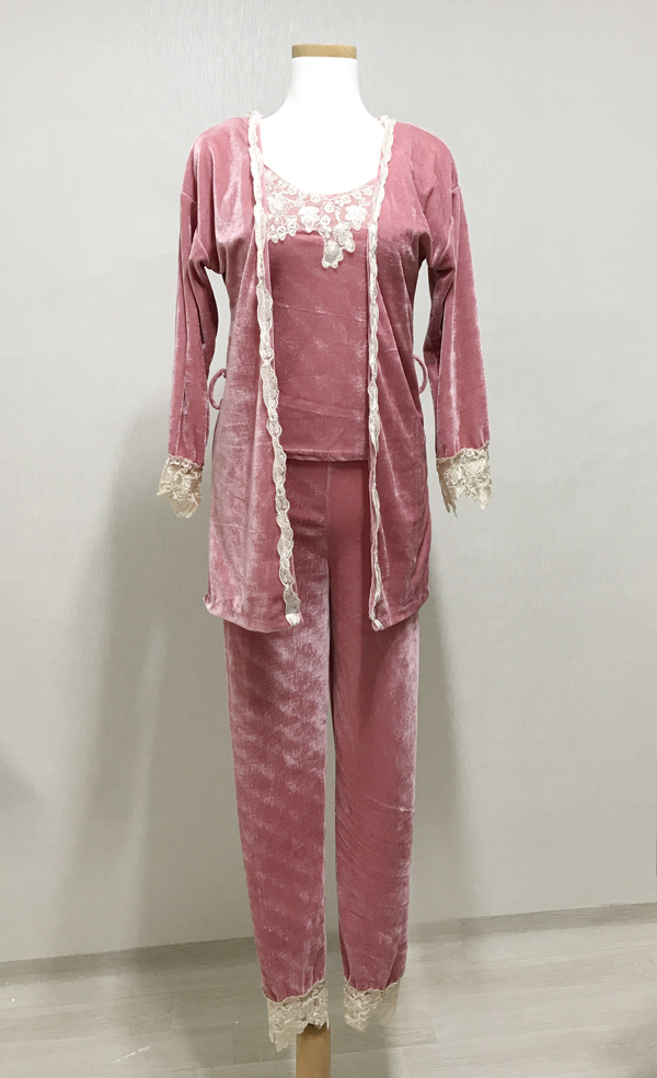 Velvet lace pajama gown 3pcs set 2color girl emoti