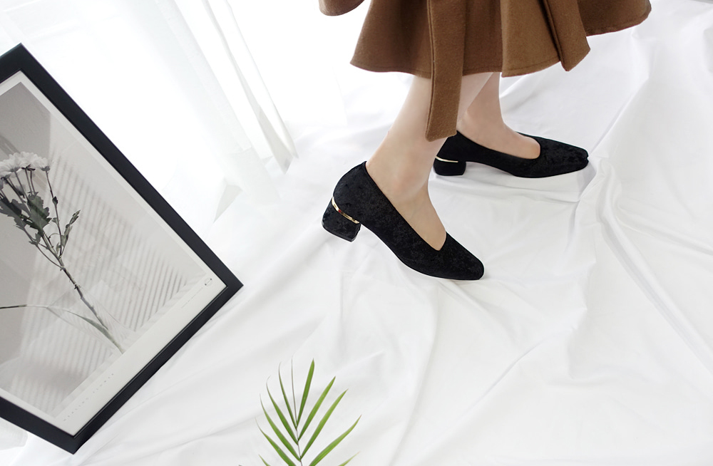 Middle Heel Velvet Check Pumps 4cm Fall Shoes Houn