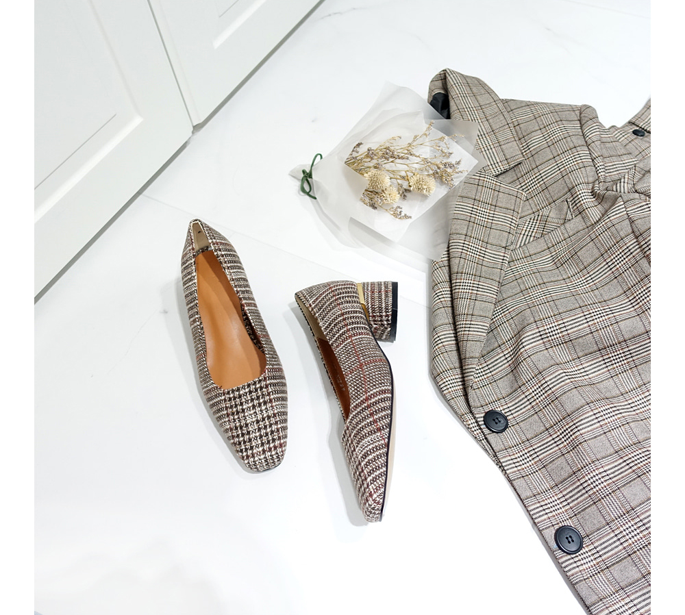 Middle Heel Velvet Check Pumps 4cm Fall Shoes Houn
