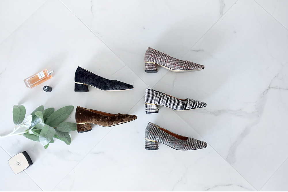 Middle Heel Velvet Check Pumps 4cm Fall Shoes Houn