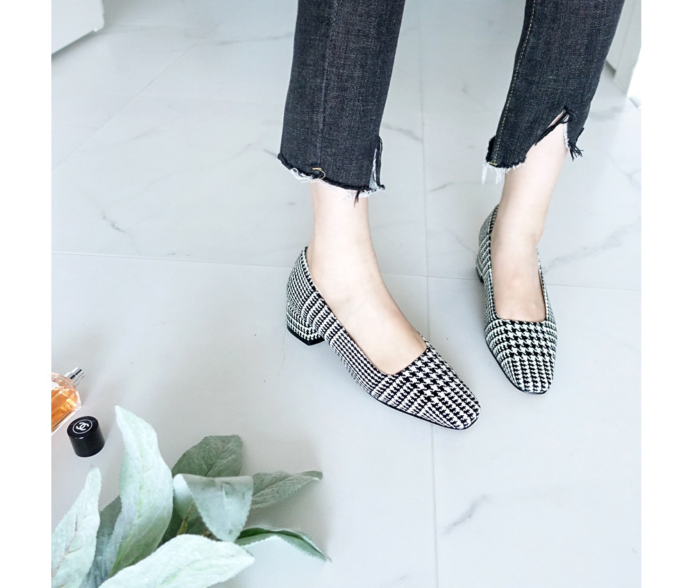 Middle Heel Velvet Check Pumps 4cm Fall Shoes Houn