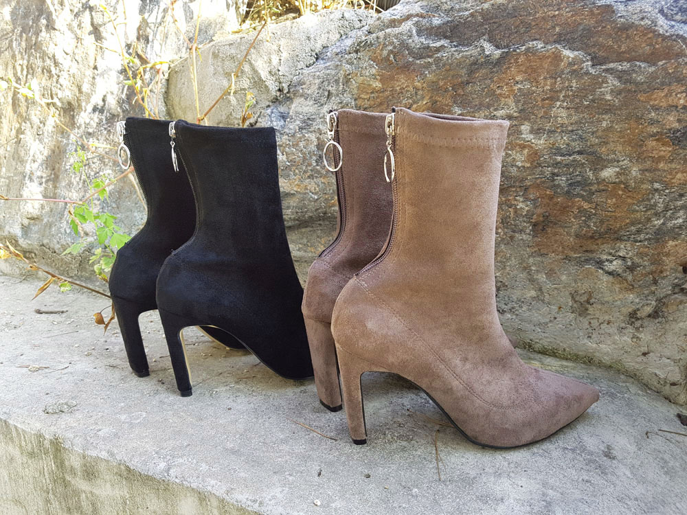 Suede Socks Span Ring Zip Ankle Boots 9cm Black Br