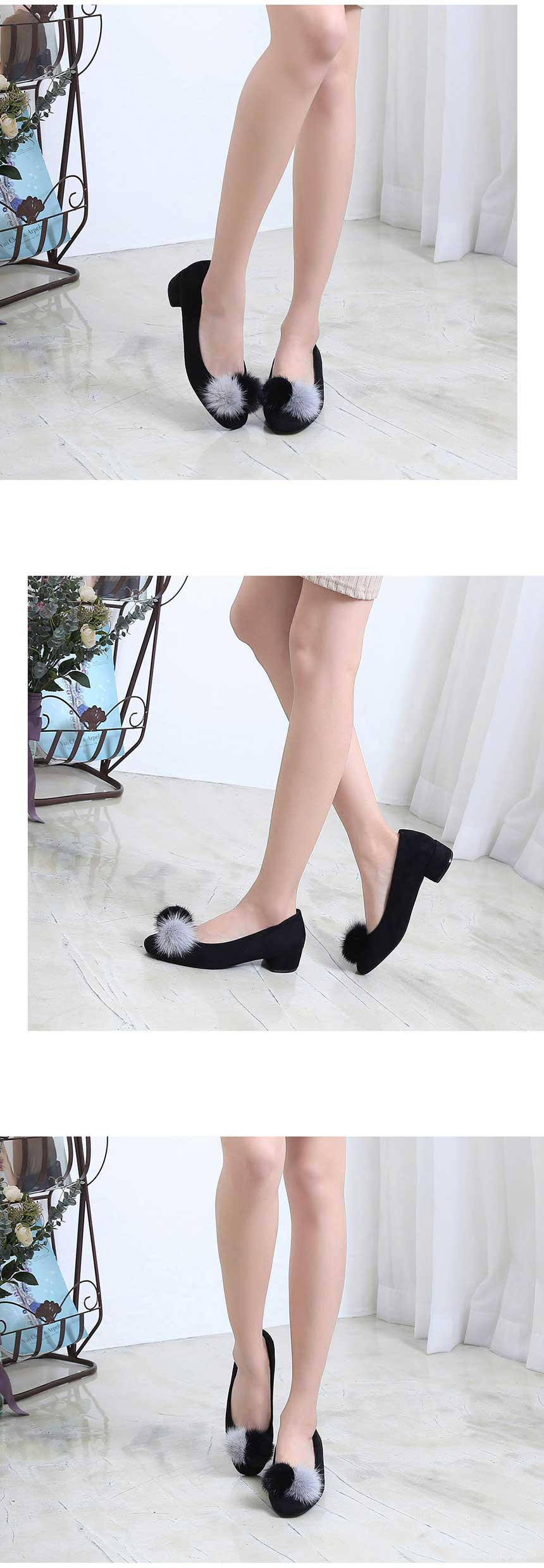 Lining Brushed Bubble Fur Suede Pumps 3cm Fur Trim